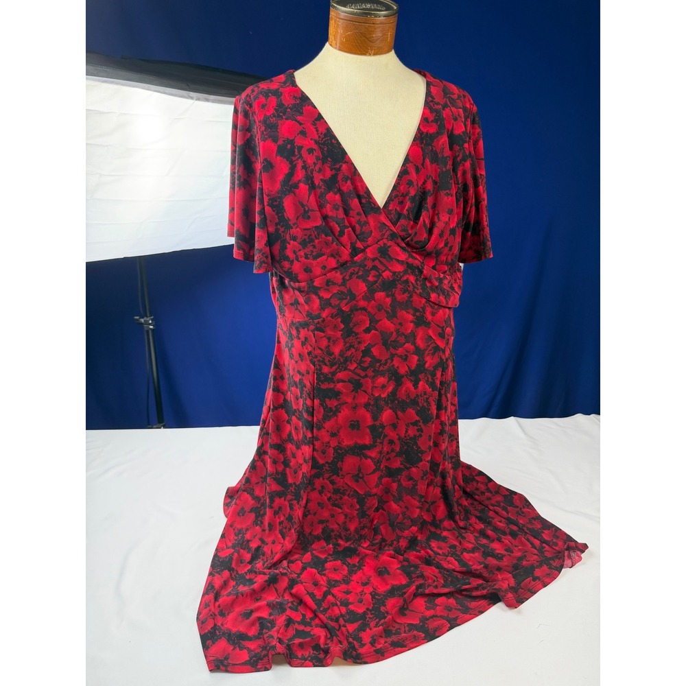 Chaps Red Black Floral V-Neck Empire Waist Midi Dress XL Short Sleeve Stretch